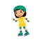 Little asian sportsman with roller skating flat vector illustration. Cute little girl self balancing roller skate cartoon