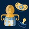 Little astronaut set. A bottle with a star pattern. Yellow pacifier with a star pattern. The pacifier in the profile. Vector illus