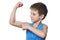 Little athletic boy looking at biceps muscle isolated