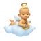 Little baby angel playing lyre on the cloud, cartoon angel character with wings and halo in the sky, 3d rendering