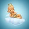 Little baby angel playing lyre on the cloud, cartoon angel character with wings and halo in the sky, 3d rendering