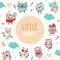 Little Baby Banner Template with Cute Colorful Hand Drawn Owlets Pattern, Cover, Poster, Invitation Card, Flyer Design