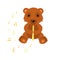 Little baby bear plays the yellow flute. Musical notes around.