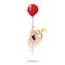 Little baby being pulled up into the air by red baloon