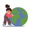 Little Baby Girl Hugging Earth Planet. Kid Character Embrace with Love Sphere with Continents and Oceans. Save Nature
