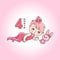 Little baby girl with pink bow and toy bunny. Stages of child development in the first year of life. The four months of