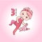 Little baby girl with pink bow and toy bunny. Stages of child development in the first year of life. The third month of
