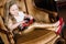 Little baby girl sitting on retro golden chair and playing with red car vintage toy