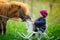 Little baby girl on wooden rocking horse and pony