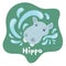 A little baby hippo emerged from the water and and made a lot of spray. Kid hippo in flat style. Text hippo in an green