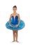 Little ballerina girl in blue tutu. Adorable child in classical ballet position. Little child dance, physical