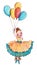 Little ballerina in yellow and blue dress flying on the balloon.