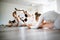 Little ballerinas in ballet studio. Group of happy girls exercising together