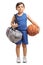 Little basketball player holding a sports bag and a basketball