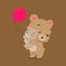 The little bear is playing and lifting the baby bear whose holding the red balloons