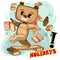 Little Bear. Young cub. Cute child scatters books. He enjoys holidays and weekends. Cartoon style. Illustration for