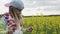 Little beautiful girl plucks flowers of rape.