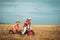 Little bikers with retro tricycle. Eco farm workers. Two little children on countryside farm. sweet childhood. Eco