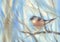 Little bird bullfinch on the branch watercolor background