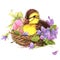 Little bird, gift and flowers background