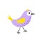 Little bird, nestling, chick. Violet bird, yellow wings. Flat, cartoon, isolated