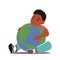 Little Black Baby Hugging Earth Planet. Kid Boy Character Embrace Sphere with Continents and Oceans. Save Nature Ecology
