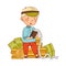 Little Blond Boy Holding Pos terminal with Pile of Money Behind Vector Illustration