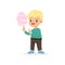 Little blond boy with sweet cotton candy. Cartoon kid