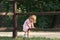 Little blond girl in pink dress climbing over the wooden fence in summer day on the forest background. Vocation in the village.