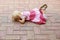 Little blond girl in pink dress lies in park