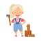 Little Blond Girl with Wood Chopper Standing Near Timber Woodworking Vector Illustration