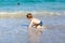 Little blond kid boy having fun on ocean beach in Florida