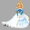 Little blond princess girl in blue ball dress and golden crown isolated on gray background. Vector cartoon close-up