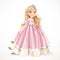 Little blond princess girl in pink ball dress