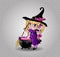 Little blonde baby witch girl in purple dress with broom and cauldron on white background clip art