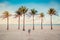 Little blonde Caucasian girl walking on empty Hollywood ocean beach in Florida. Child among tall palm trees on summer sunny day at