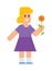 Little blonde cute girl in dress with colorful flower cartoon character vector.