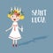 Little blonde girl with floral wreath and candle crown, Saint Lucia. Swedish Christmas tradition, vector illustration