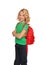 Little blonde girl in green t-shirt with red bag