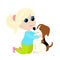 Little blonde girl hugging a beagle dog. The child is sitting on his lap, smiling and happy. The girl is dressed in trousers and a
