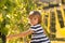 Little blonde girl in striped dress reaching for grapes in a vin