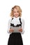 Little blonde student wearing uniform holding tablet