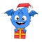 Little blue monster celebrating christmas bringing gifts, doodle icon image kawaii