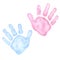 Little blue pink palm, handprint. Baby shower, gender reveal party, design invitation. Boy or girl. Hand drawn