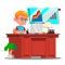 Little Boss Boy, Serious Child In Big Glasses Sitting At Office Desk Vector. Isolated Illustration