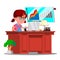 Little Boss Girl, Serious Child In Big Glasses Sitting At Office Desk Vector. Isolated Illustration