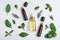 Little bottles of essential oils with different herbs on white background