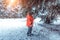 Little boy 3-5 years old, in park in winter walks on children`s skis. It stands in full growth under green tree in snow