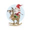 Little boy as santa ride wooden reindeer. Christmas, New Year