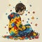 Little boy with autism on background with puzzle pieces. Child mental health